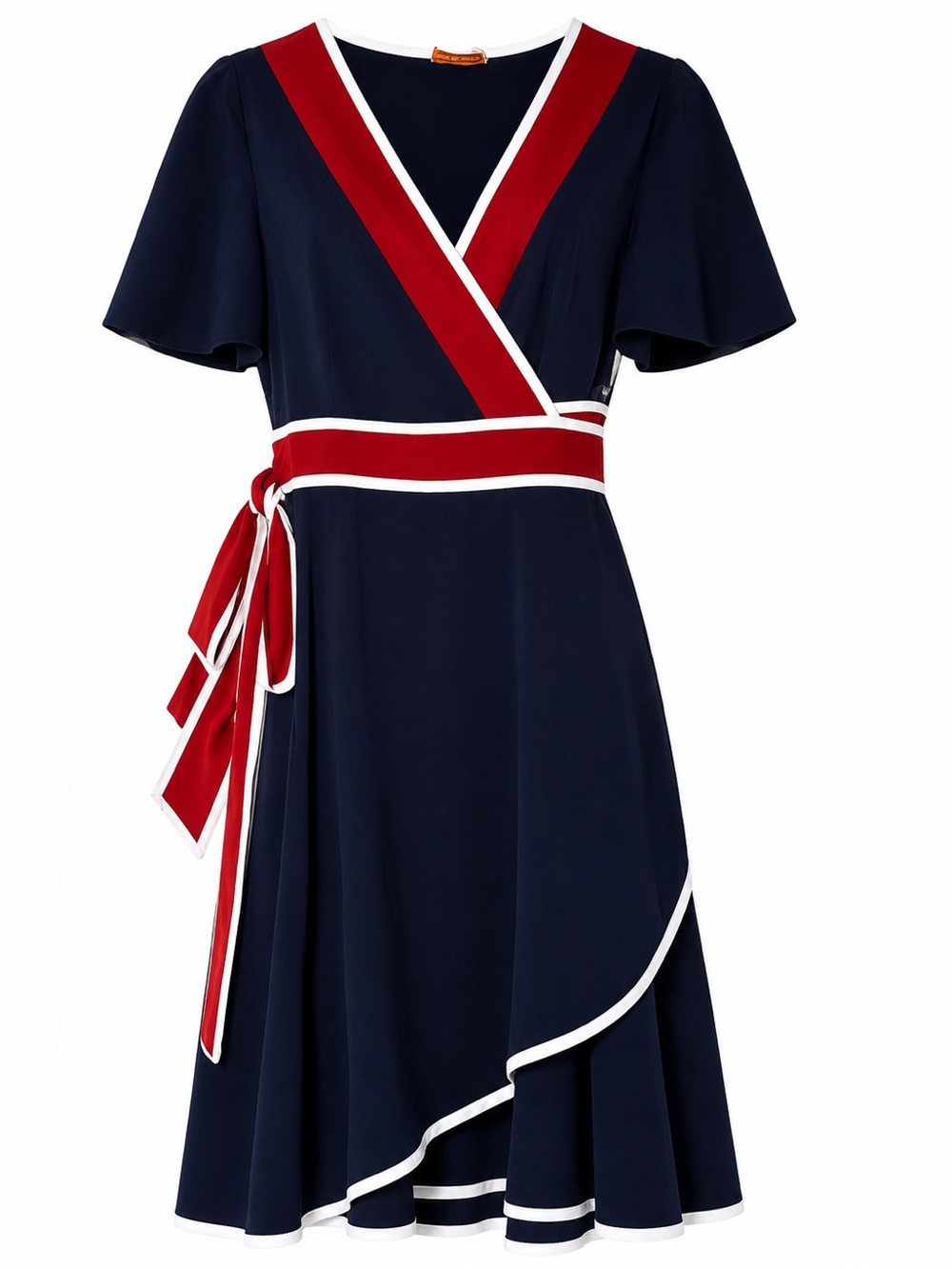 Tory Burch Peggy Wrap Dress Navy Red White Striped Trim Sz 10 EUC - Picture 2 of 11